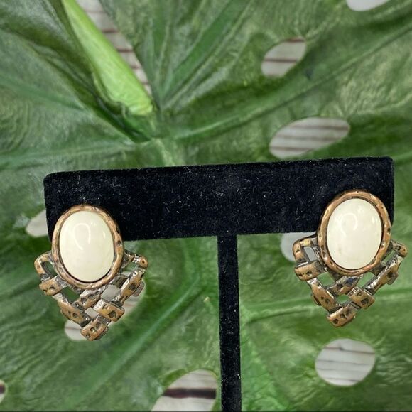Vintage Bronze & Cream Earrings - Picture 1 of 6